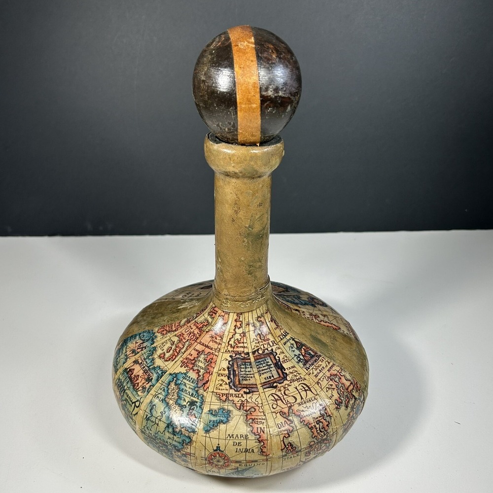 Old World Map Globe Decanter Wine Bottle Italy Ships Captain Leather Wrapped